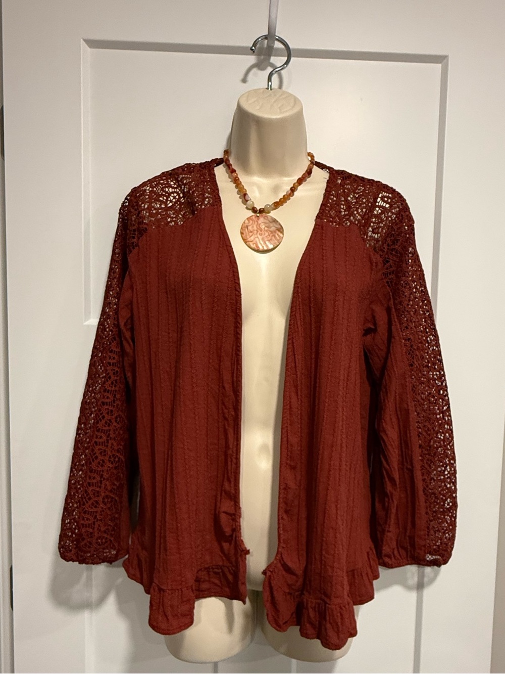 Cielo Rust Red Top Size L Crochet Lace Long Sleeves Ruffle Hem Boho